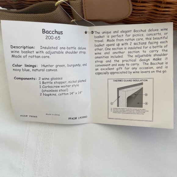 Bacchus Picnic Time Insulated Wicker Wine Basket Carrier Set with Strap - NWT - Picture 9 of 9
